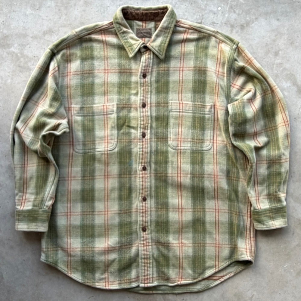 St Johns Bay Mens XL Tall Flannel Shirt Green Plaid Heavy Cotton Button Down